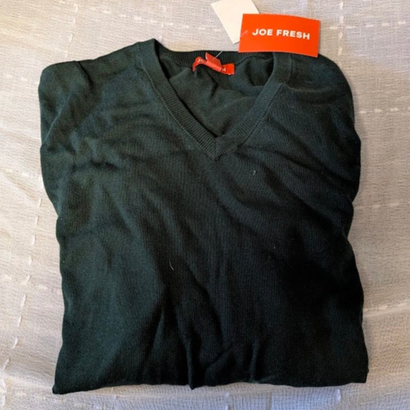 Joe Fresh Pullover Sweater V-Neck Long Sleeve Rib Knit Heathered Charcoal Medium