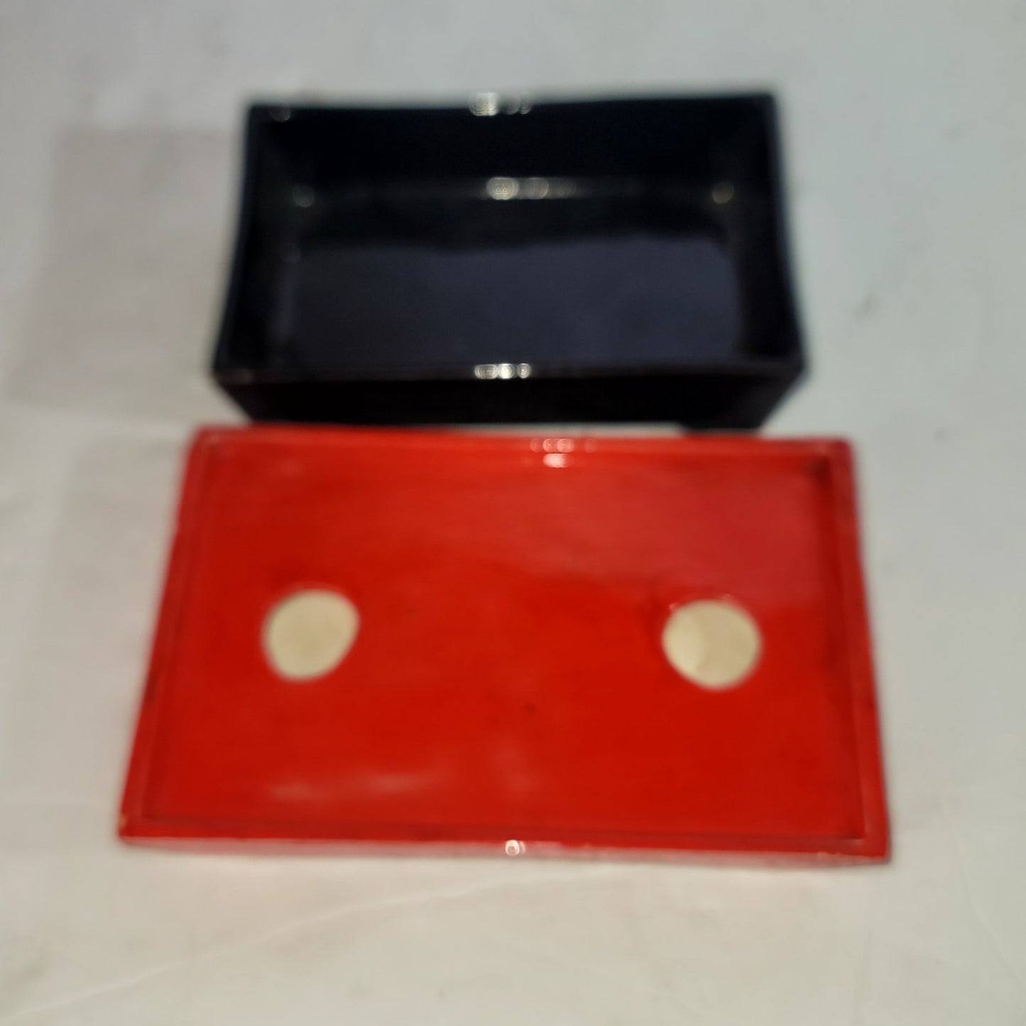 Japanese Inspired Red Black Ceramic Trinket Box Two Piece Landscape 2pc.