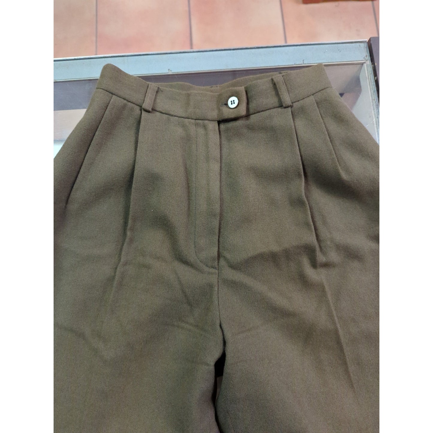 Vintage High Waisted Pleated Front Olive Green 100% Wool Pants Lined 4 Pockets