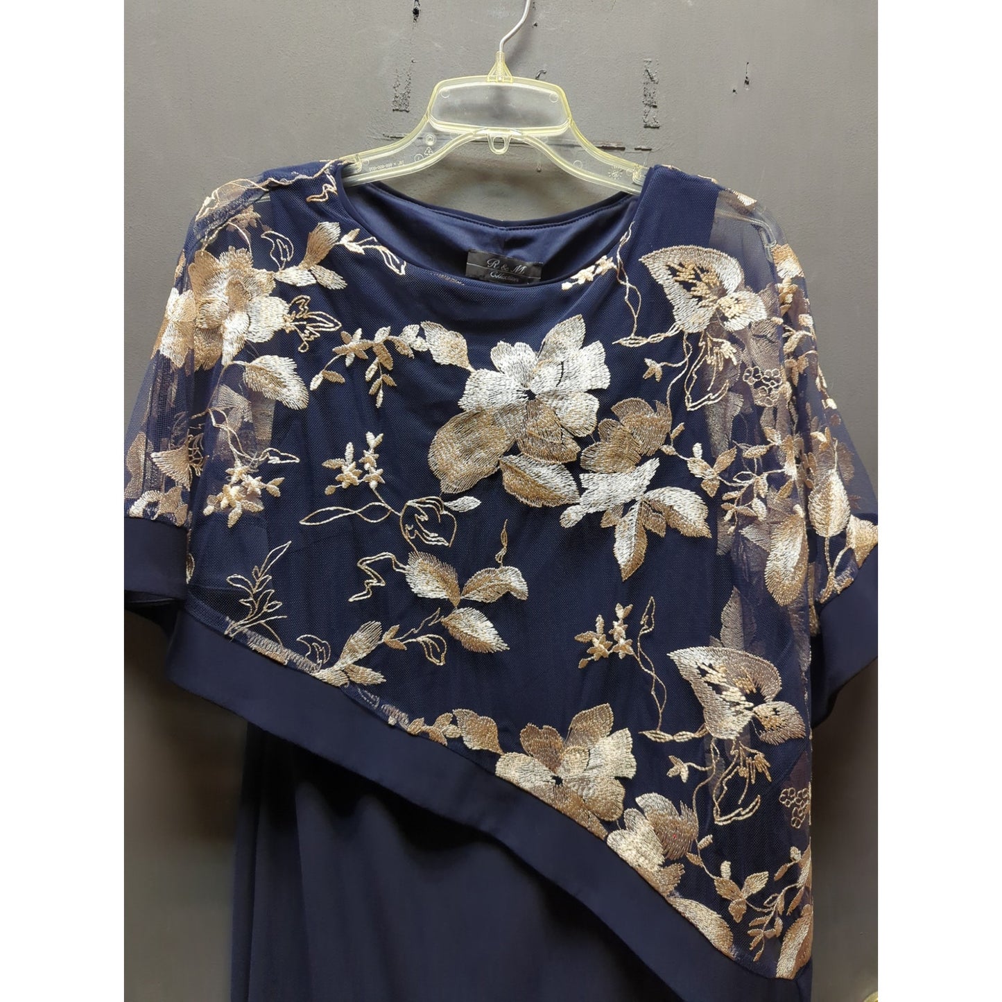 R & M Size 4 cocktail dinner church Dark blue floral overlay dress gold accents