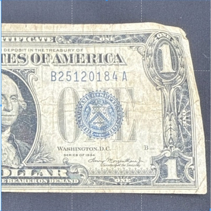 Paper Currency Bank Note Money $1 1934 blue Seal silver Certificate FUNNYBACK
