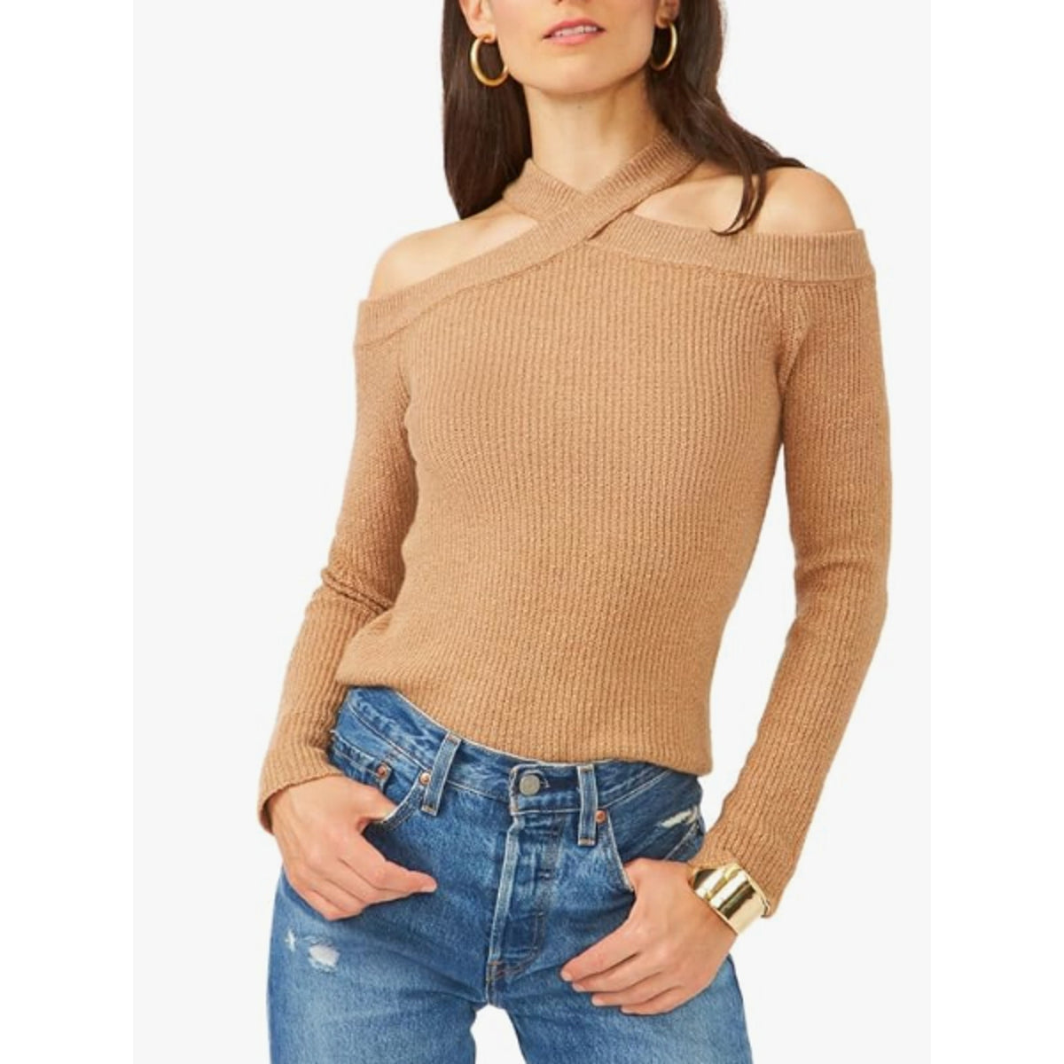 1.STATE Women's Cross Neck Cold Shoulder Cotton Blend Sweater Brown Size XXL