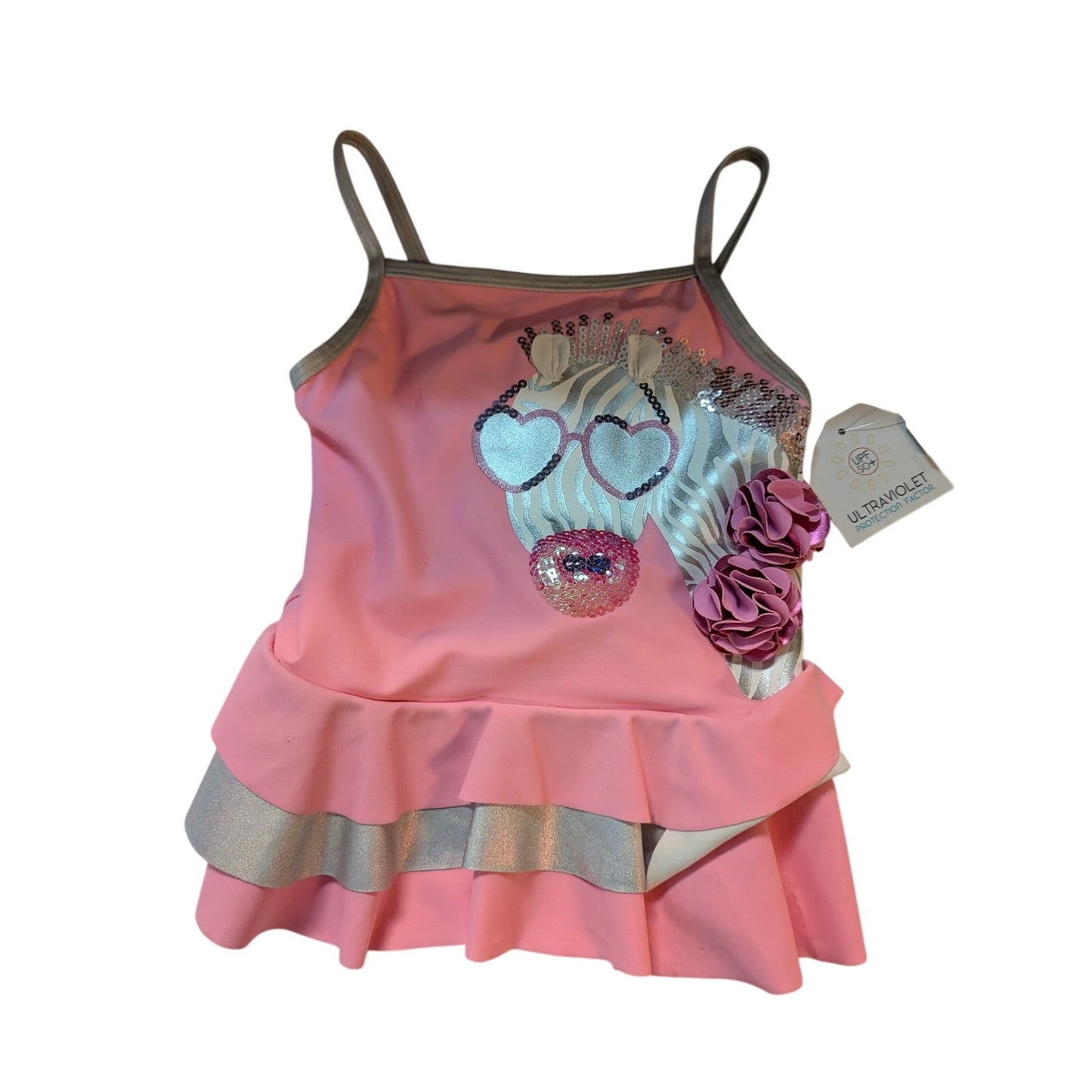 NWT Flapappyles Girls Pink & Silver Zebra Swim Dress Size 4 Swimsuit One Piece