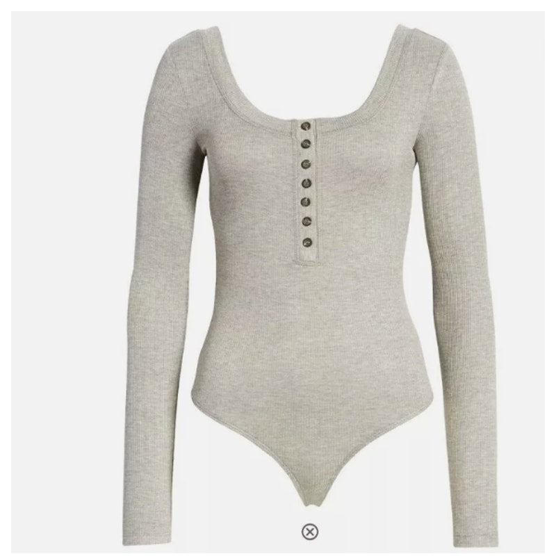 Lulus Simply The Best Henley Bodysuit, Size Small Grey Long Sleeve Full coverage