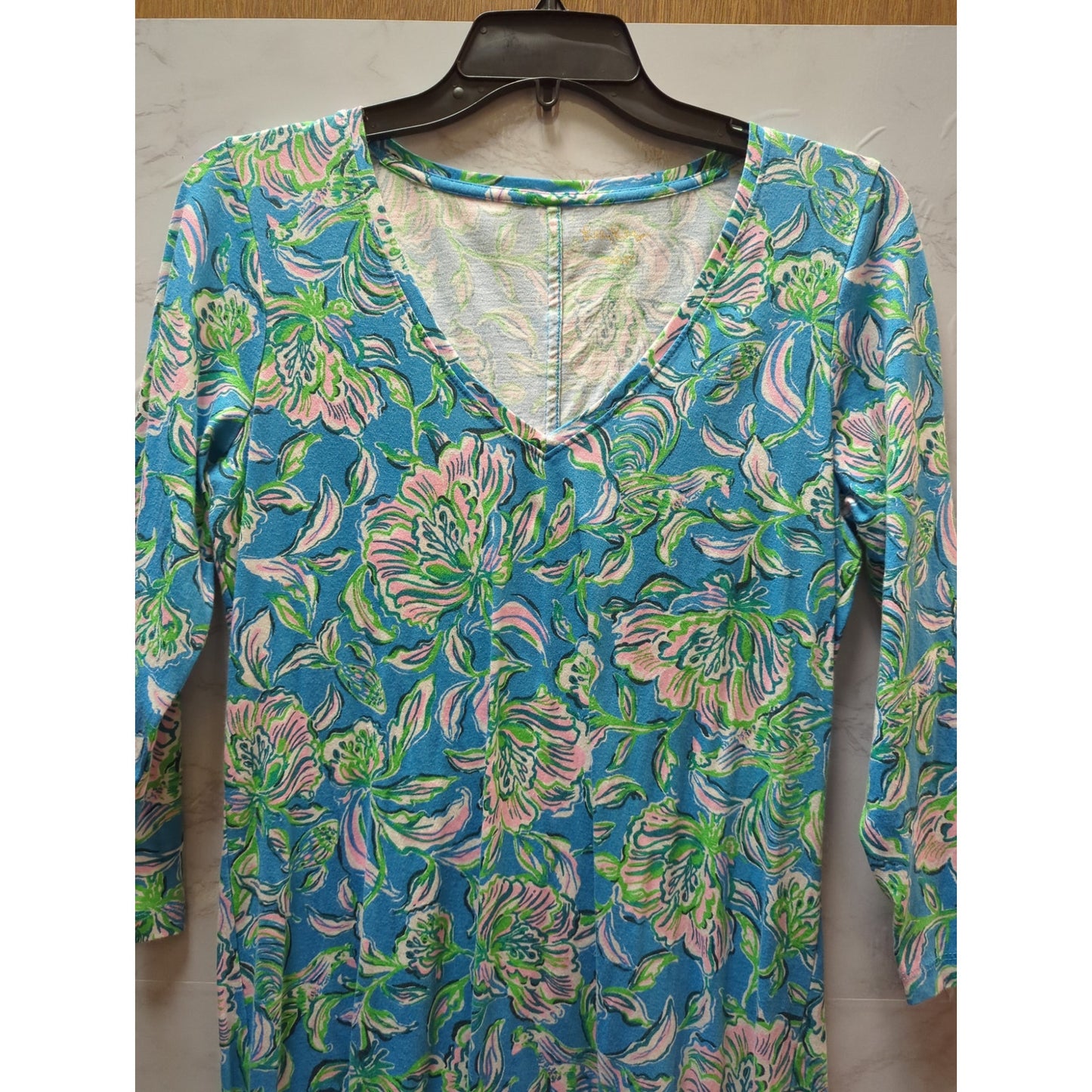 Lilly Pulitzer Tessa 3/4 sleeve V-neck t-shirt dress i"Chick Magnet" Size Small