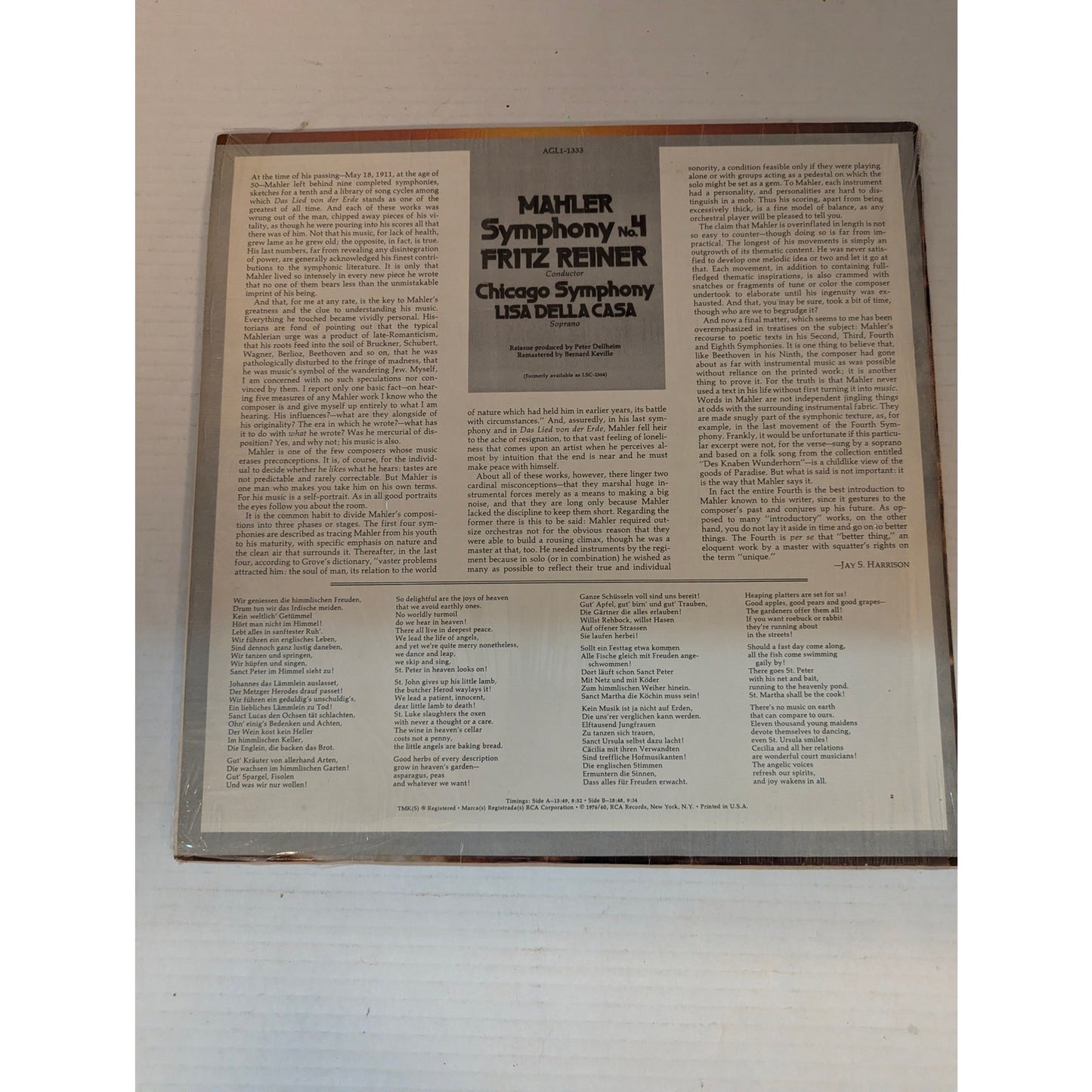 Vintage Mahler Symphony No. 4 Fritz Reiner Chicago Symphony RCA Gold Seal LP
