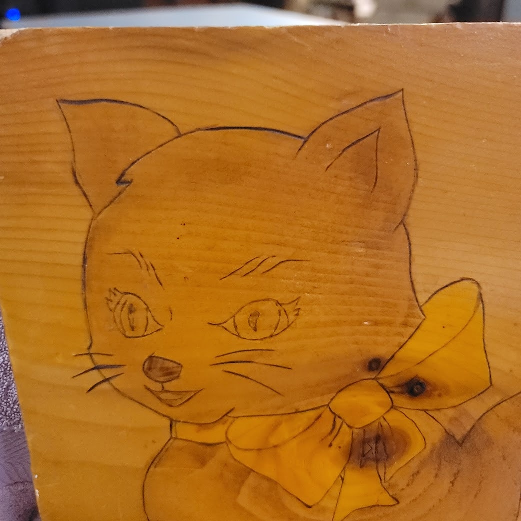 Vintage Pyrography Wood Burning Cat Plaque Wall Art Kitsch Folk Art Etching