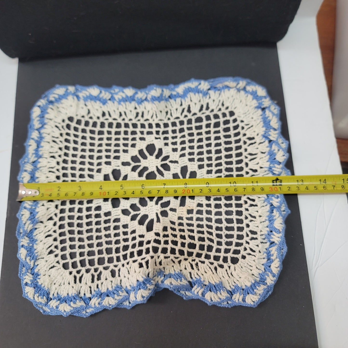 Vintage 2D raised cream and blue doily square handmade crochet