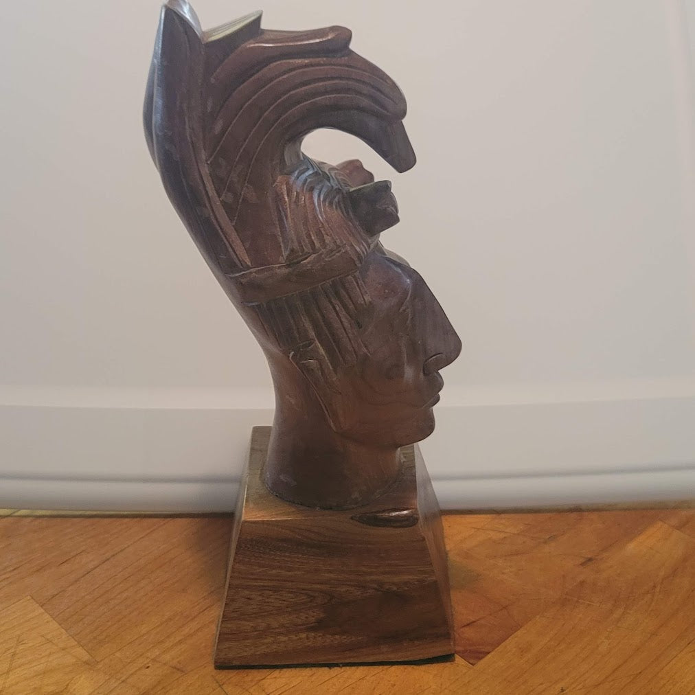Hand Carved Wood Statue Mayan Pacal Pakal Sculpture Bust Mexican Folk art