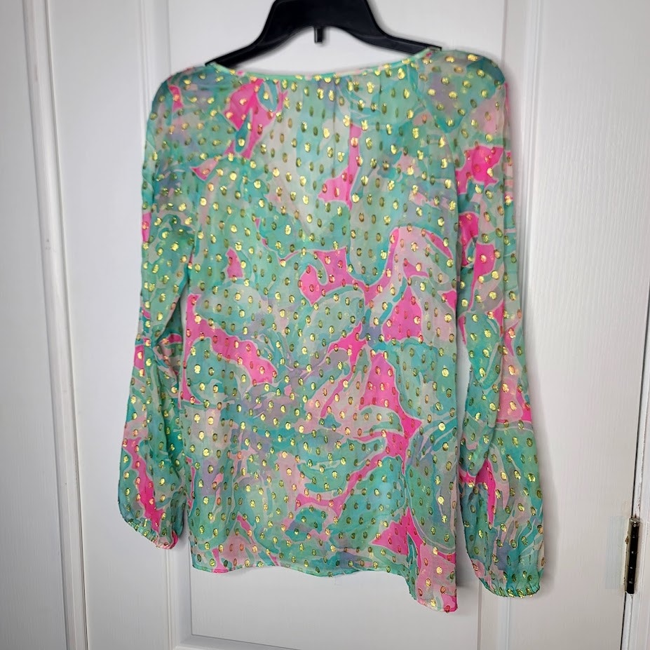 Lilly Pulitzer Small Rilla sheer silk blouse Tropical Pink Sands gold metallic