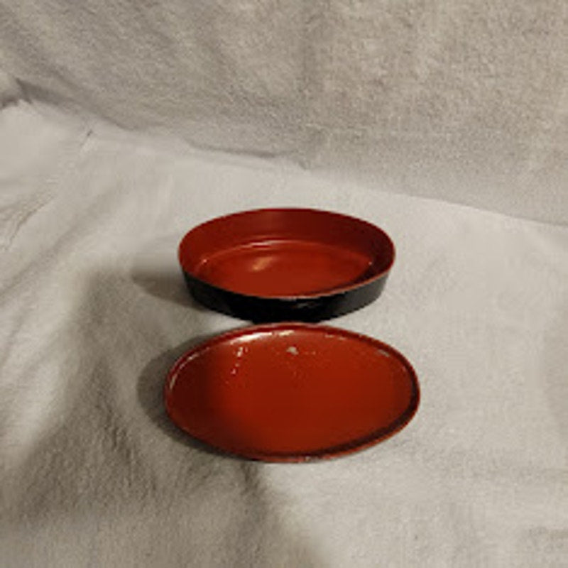 Vintage Russian Metal black floral handpainted trinket box Tin Oval Red inside
