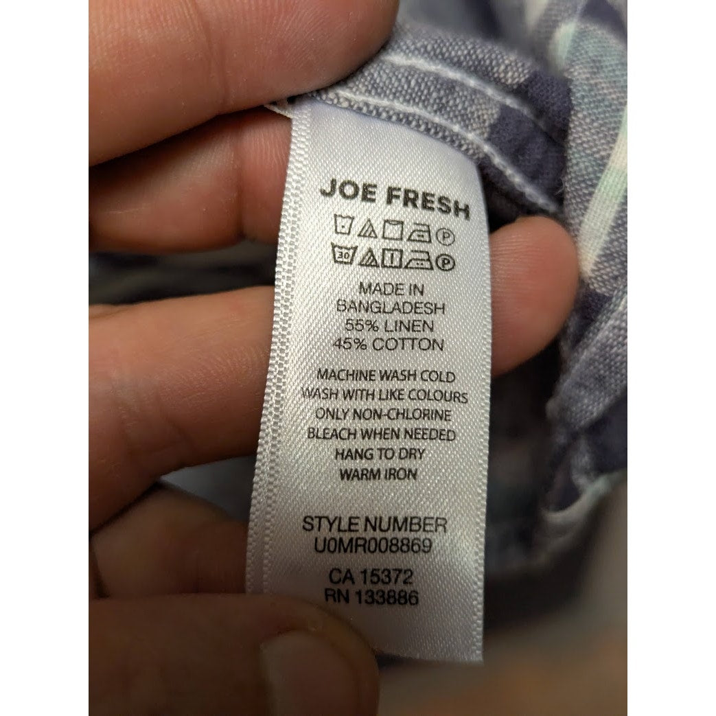 Joe Fresh blue white plaid short sleeve button down shirt Large NEW linen blend