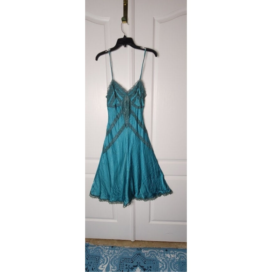 Vintage Turquoise Teal Silk Beaded Halter Slip Dress Size Medium