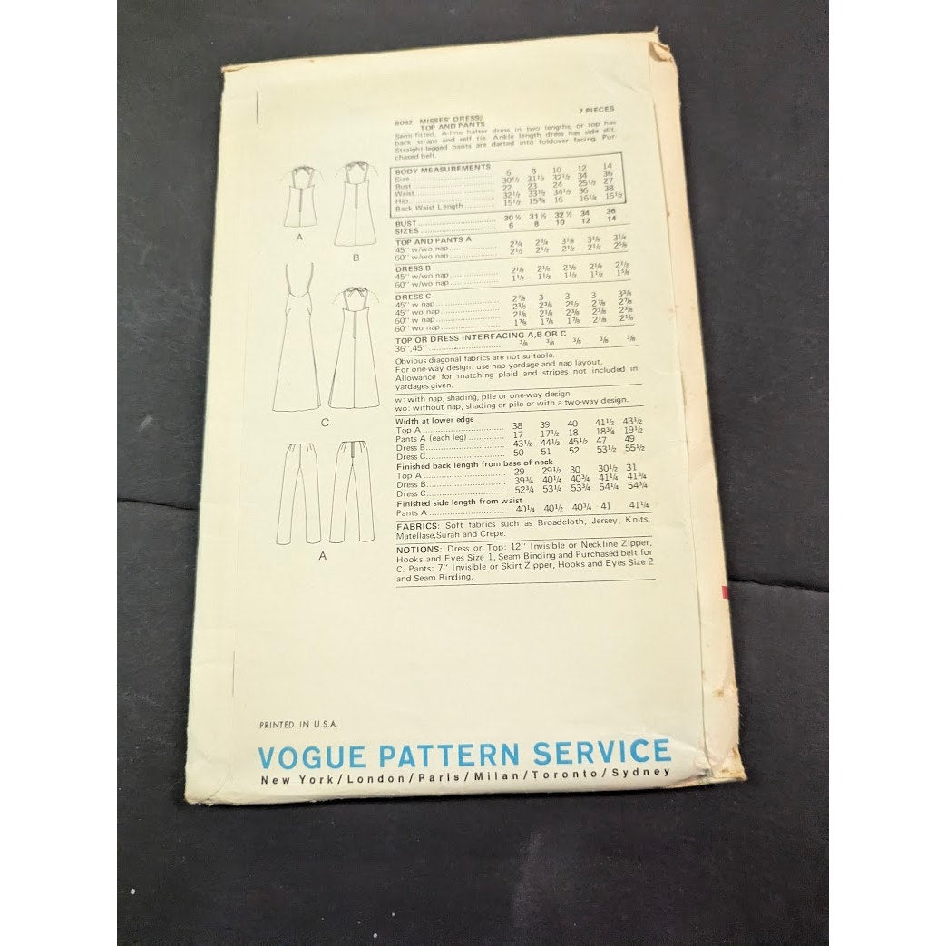 Vintage Pattern Sewing Crafts Hobby Vogue 8062 Size 12