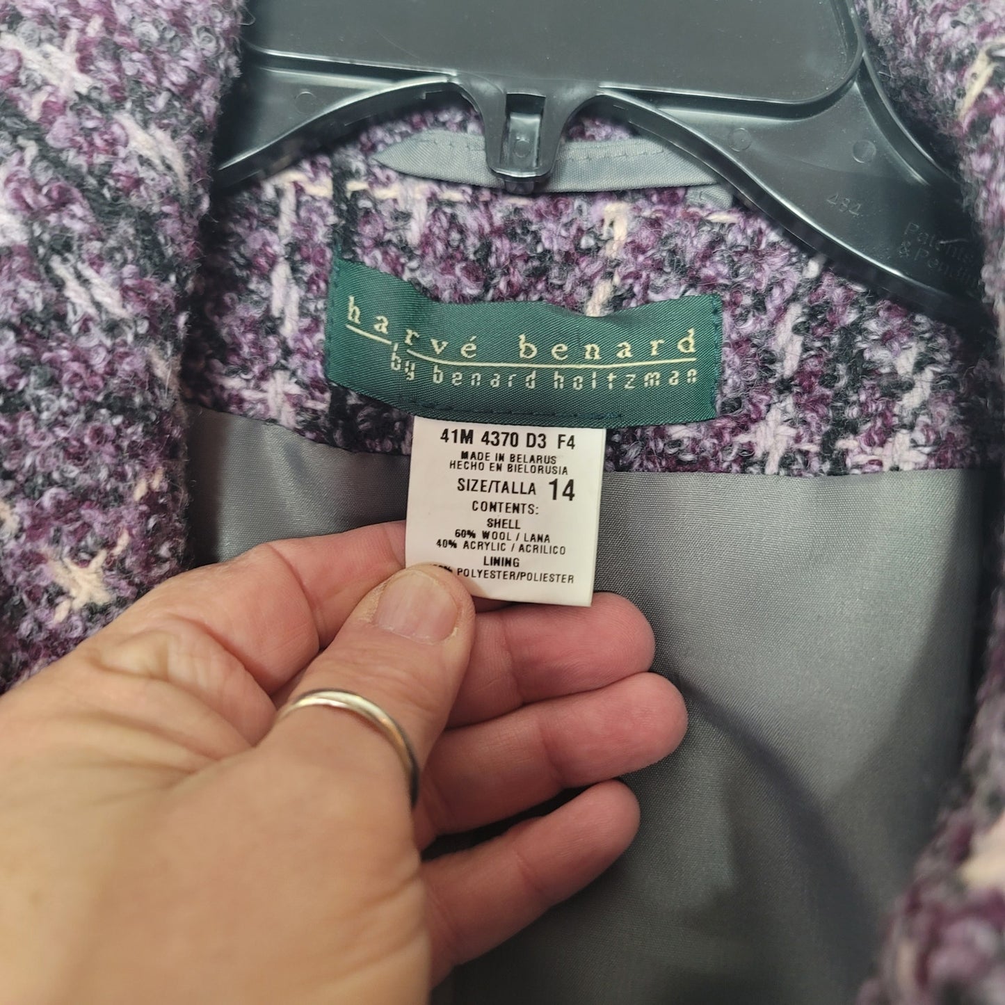 Herve Bernard Purple Coat Plaid wool Size 14 Knee Length Coat button front lined