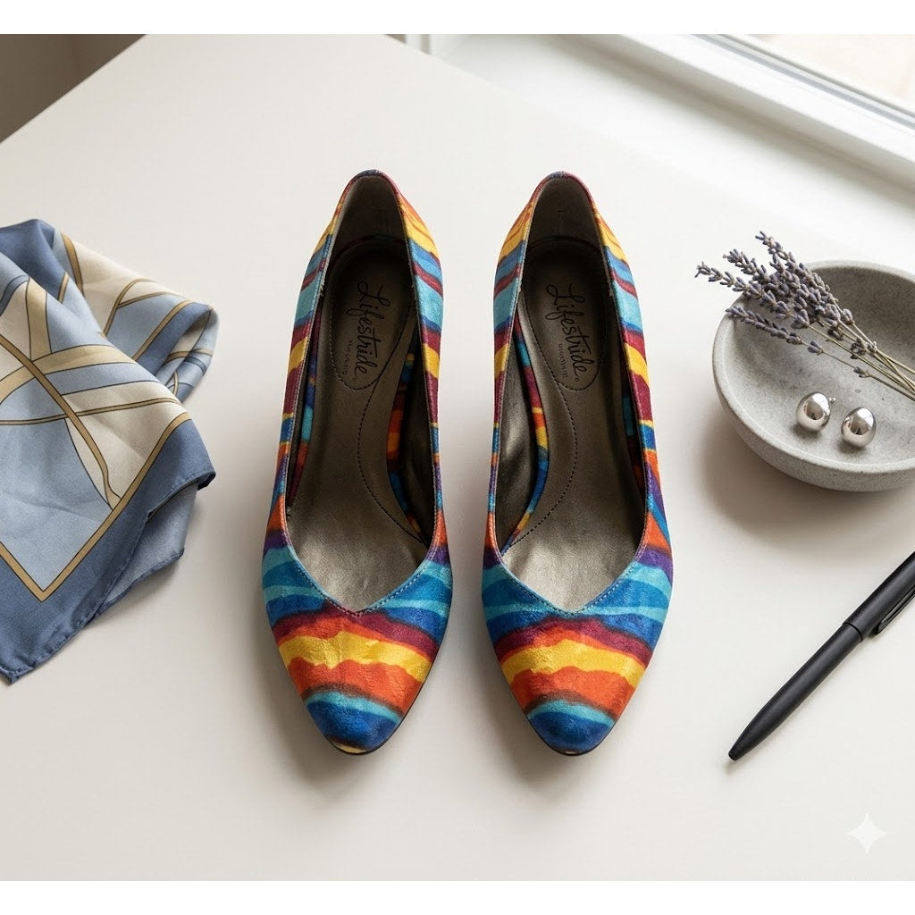 LifeStride MultiColor Abstract Print Pumps Size 7 Pointed Toe Bold Glam Rock 80s