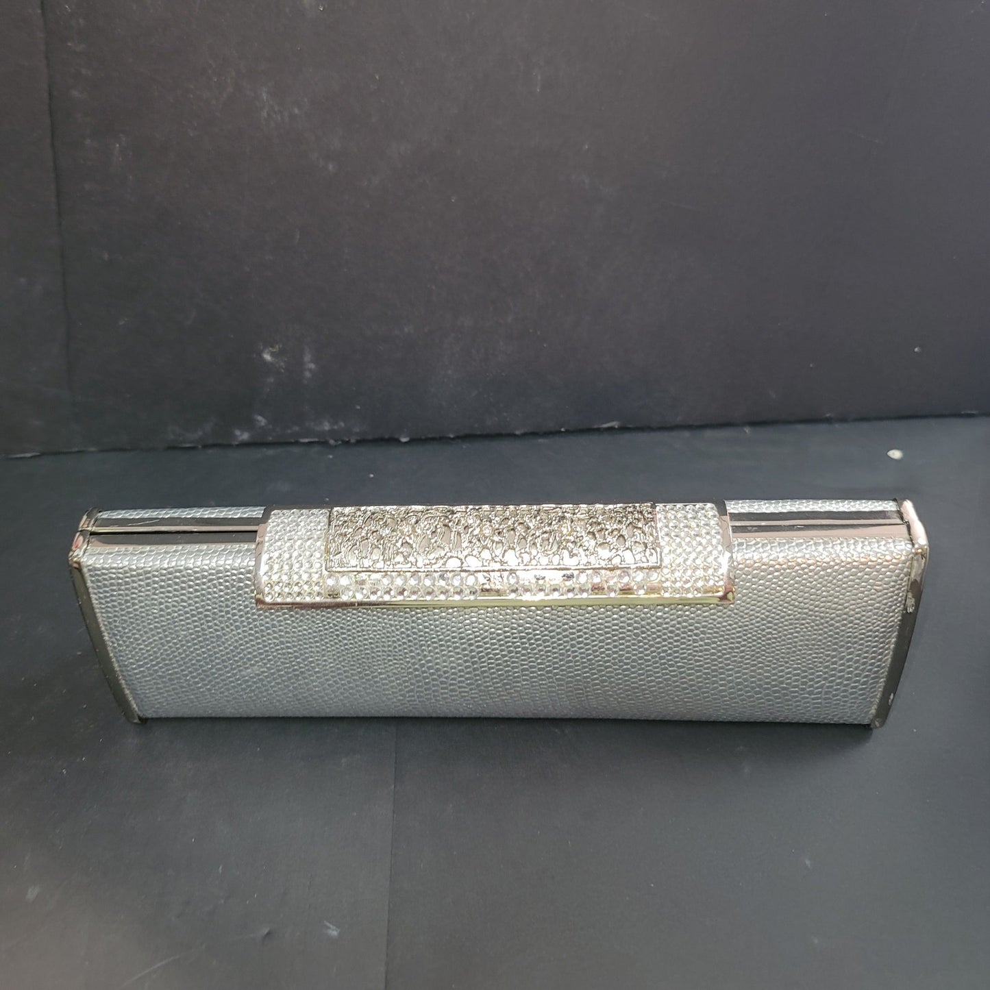 Silver evening bag clutch shoulder crossbody Purse narrow snap closure crystal