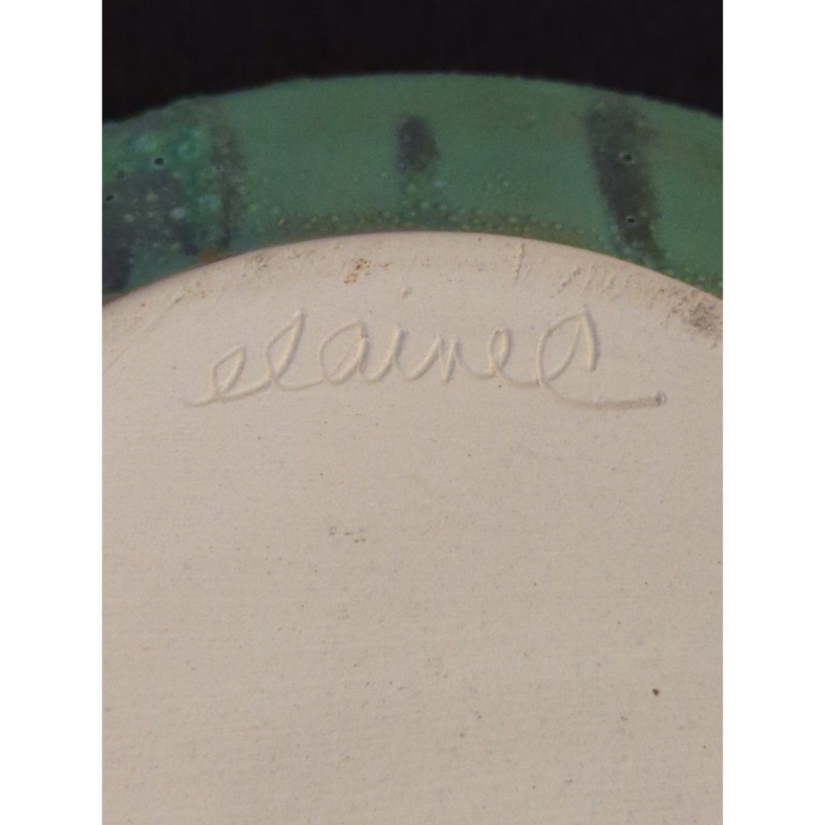 Art Pottery studio signed Elaine candle holder Green Leaf Design Natural