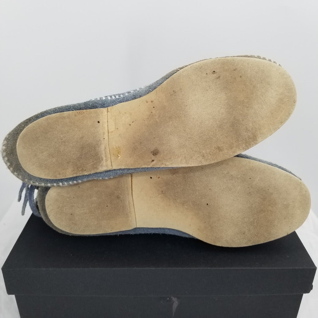 Vintage 80s Blue Suede Leather Fringe Moccasin Booties Soft Shoes Size 8