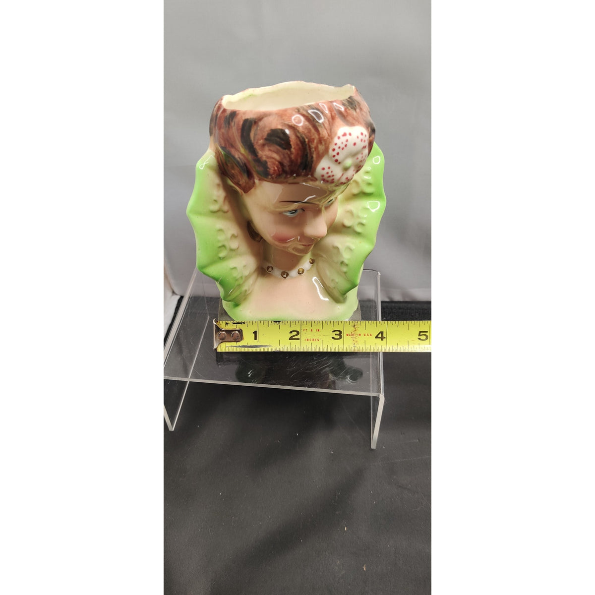 Vintage Green Collar Lady Head Vase Planter Kitschy Ceramic Japan 1950 Edwardian