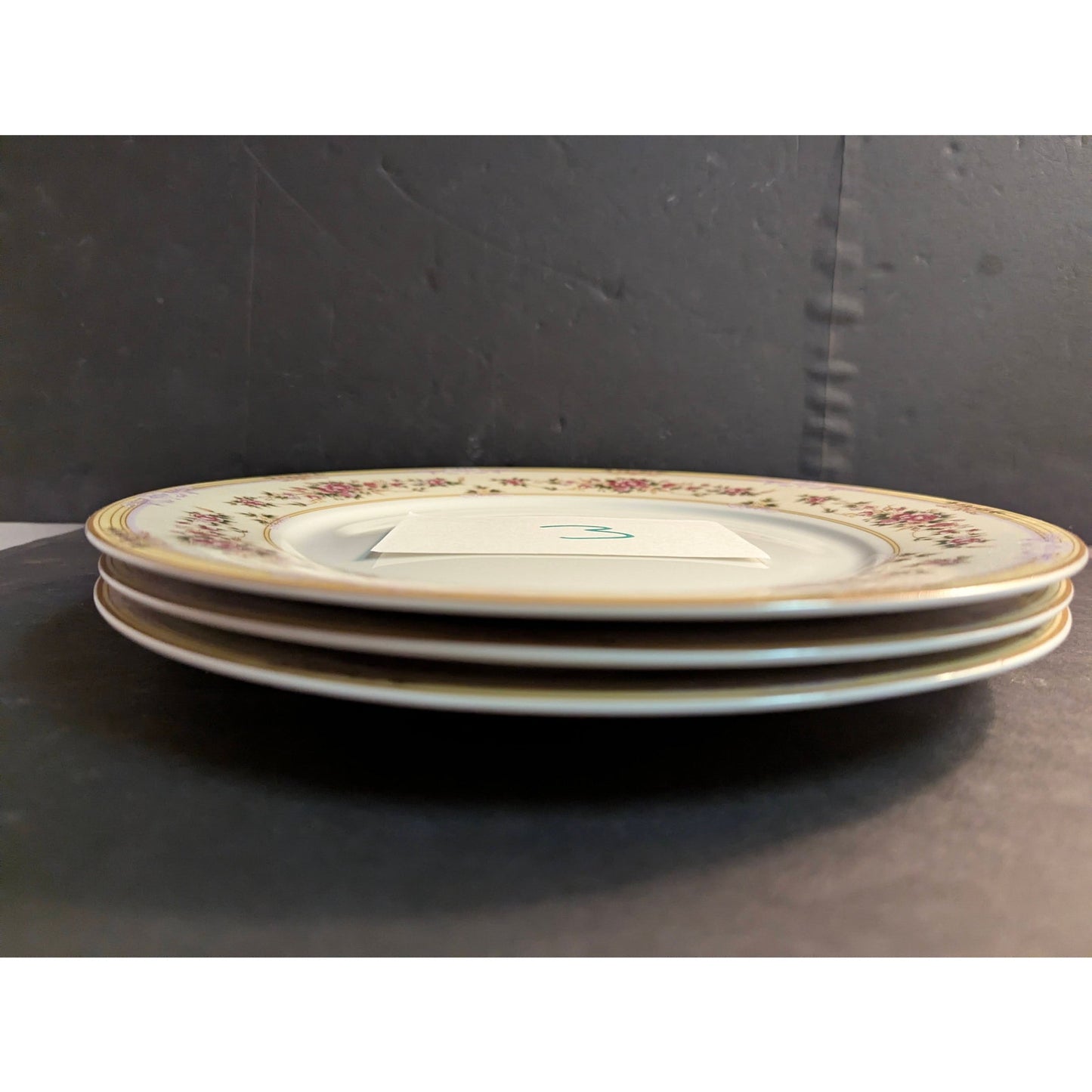 Vintage Lynns Fine China Dinner Plates Set of 3 Floral Gold Trim French Country