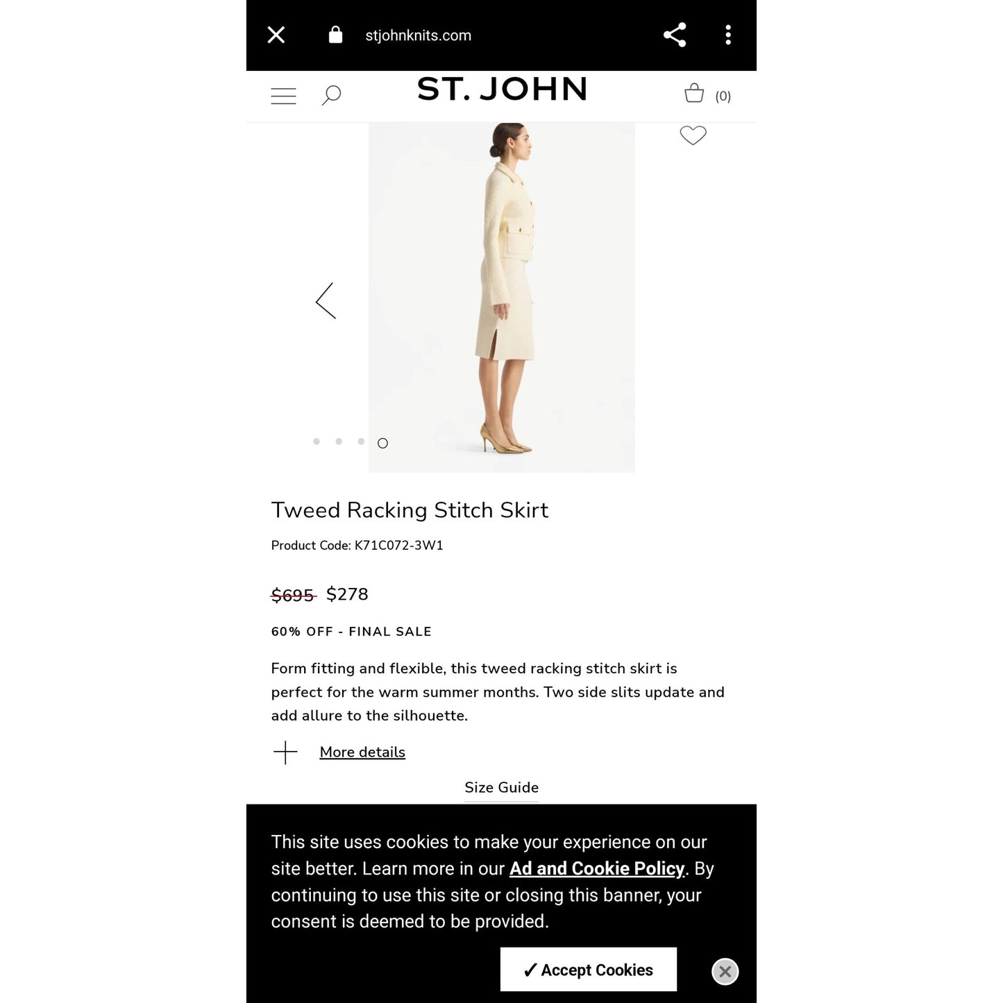 St John NEW Skirt Tweed Racking Stitch Cream Small Double Slit Career Separate