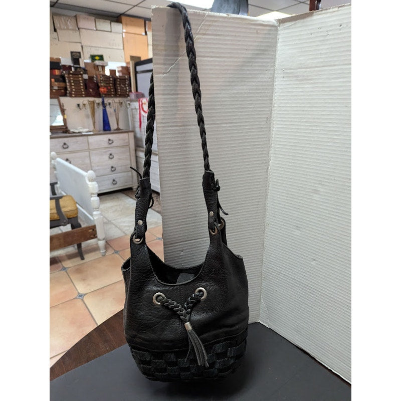 Longaberger To Go Woven Basket Braided Black Leather satchel Shoulder Bag Purse