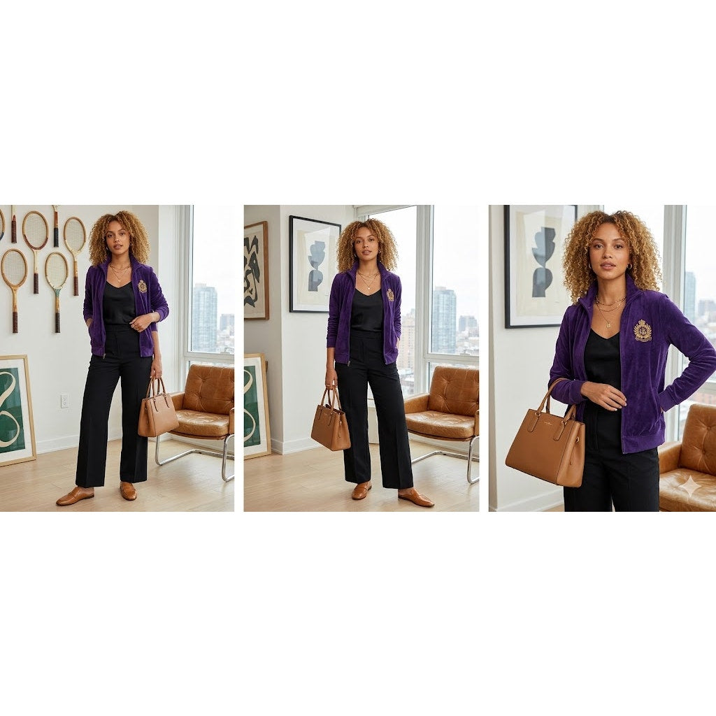 Vintage Lauren Ralph Lauren Purple Velour Zip Jacket Crest Y2K Preppy Medium