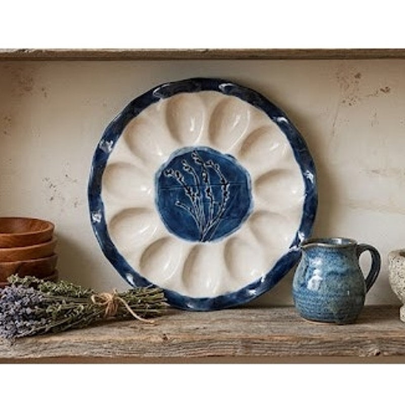 Vintage Handmade Art Studio Pottery Deviled Egg Oyster Platter Cobalt Blue White