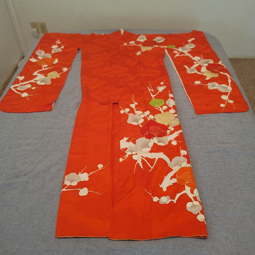 Vintage Silk Furisode (long sleeve) Kimono Robe Orange Gold Red Plum Blossom