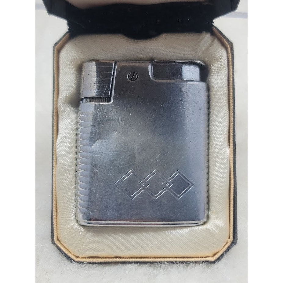 Vintage Ronson Varaflame Butane Lighter Silver Engraved Mid-Century Modern Box