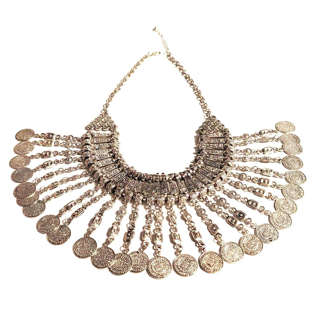 Vintage Ethnic Boho Jewelry SilverTone Metal Patina Coin Chandelier Necklace