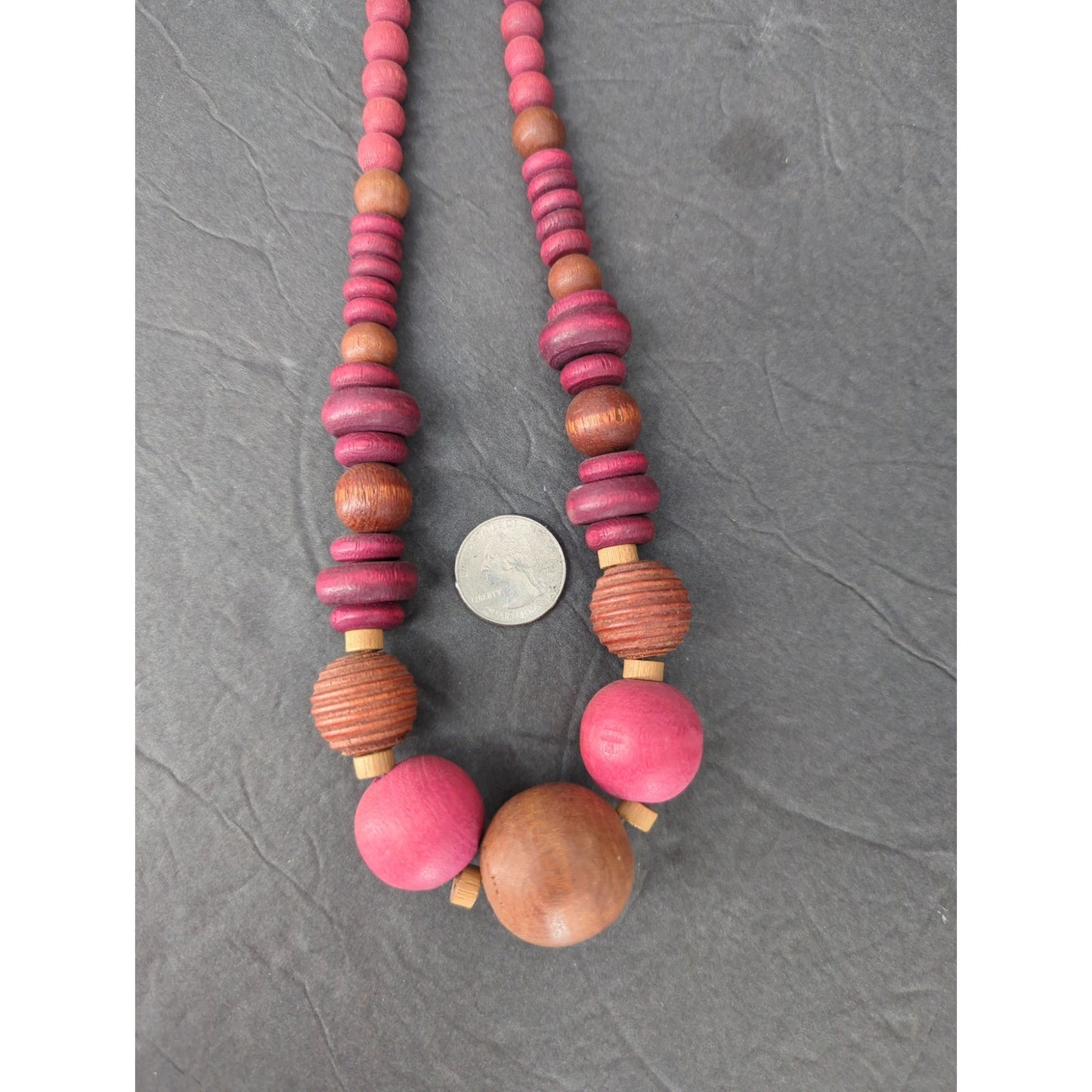 Vintage Chunky Wooden Bead Statement Necklace Pink & Brown Mid-Century Boho Chic