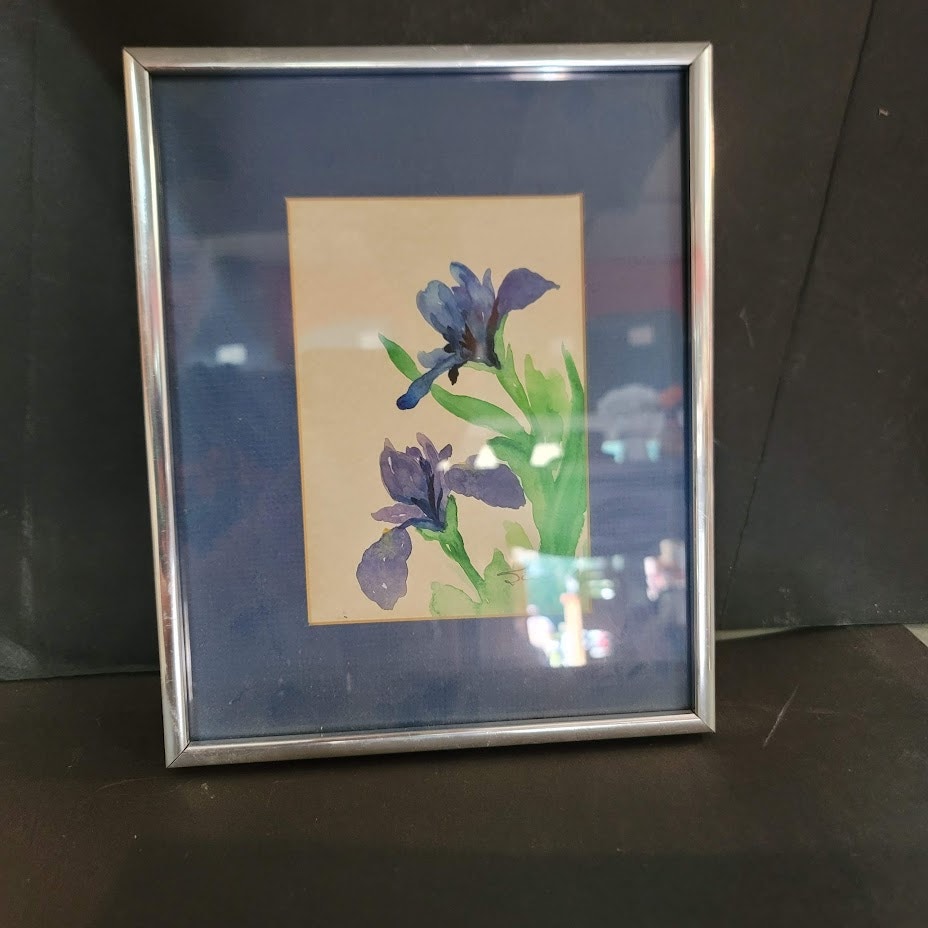Handpainted Watercolor Blue Iris Matted Framed Under Glass Signed Evans 10 x 8