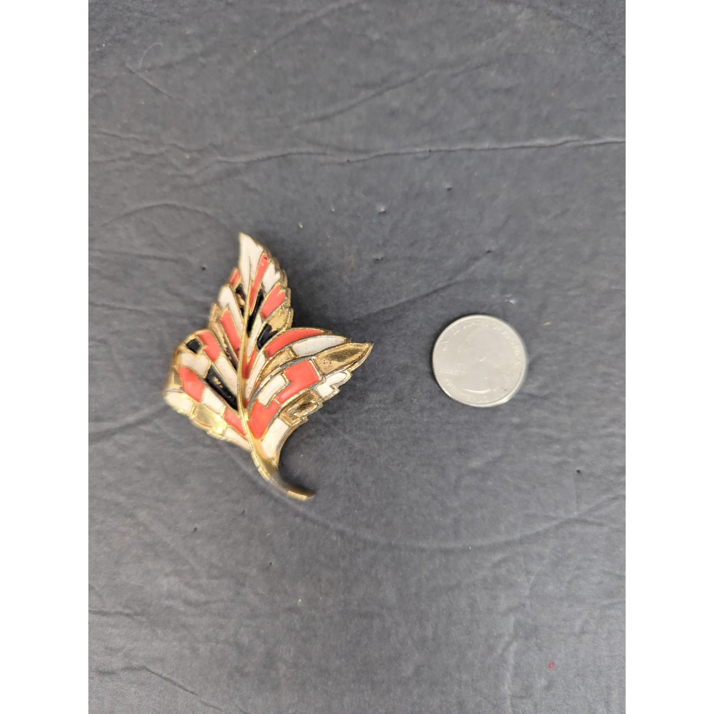 Vintage 1960s Enamel Leaf Brooch Pin Brown Orange Gold Tone Accent