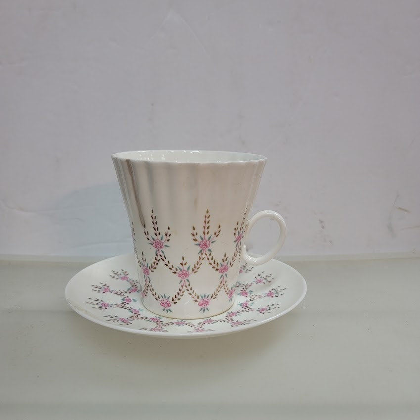 Lomonosov Teacup and Saucer Pink Flowers Green Leaves Russia USSR Vintage
