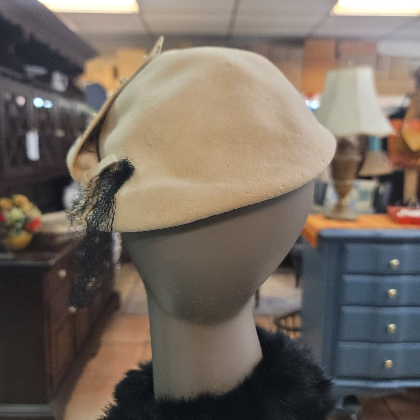 Vintage Hornberger Berkshire Wool Hat Cream Rhinestone Netting 1950s