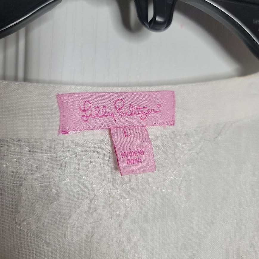 Lilly Pulitzer Amelia Island Summer Linen Tunic Large White Bead Collar Detail