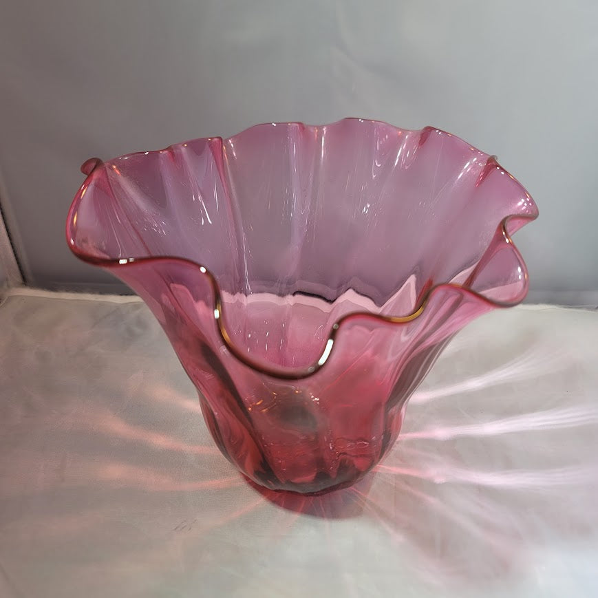 Handblown Art Vase Glass Rob O'Dell 2007 Soffi Studio Pink ruffle top tapered