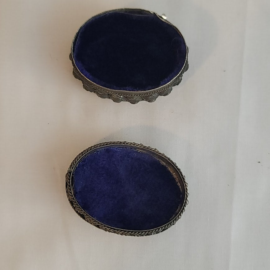 Vintage mini millefiori glass silverplate Lined metal trinket stash pill box 2"