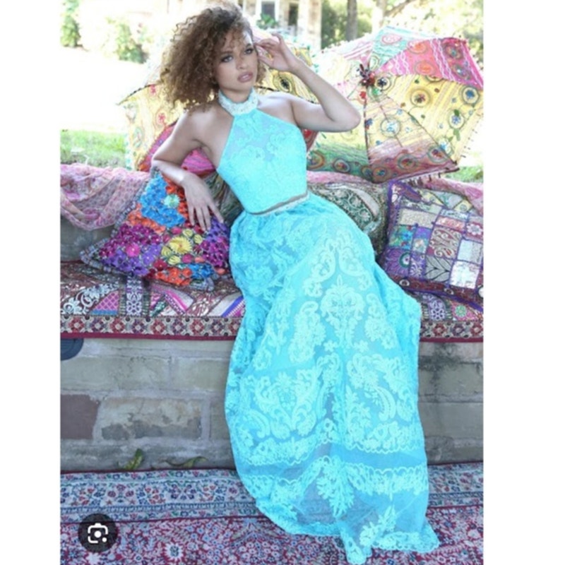 Sherri Hill 2 pc. halter top w/ maxi skirt teal aqua pearls 51020 Top 8 Skirt 0