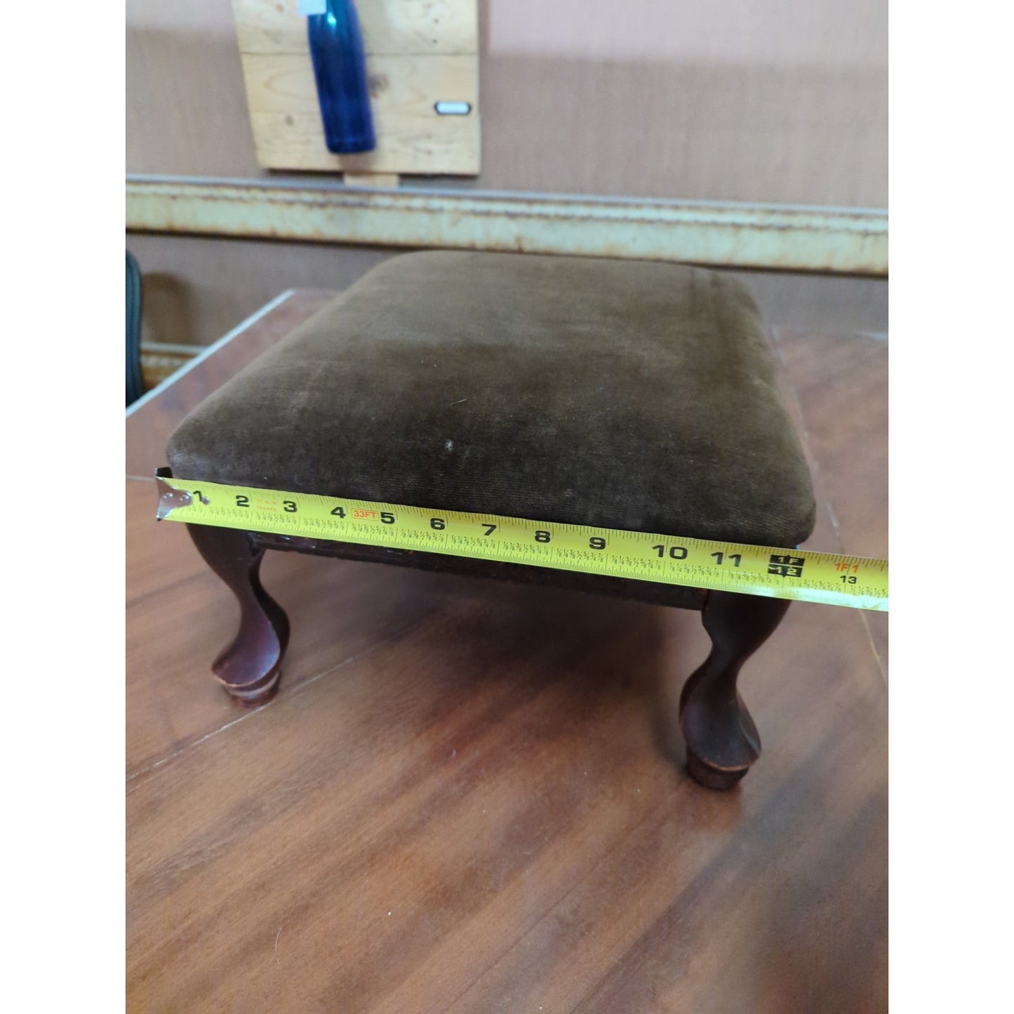 Brown Velvet Wooden Slipper Stool 8" x 12" x 14" Antique English Footstool