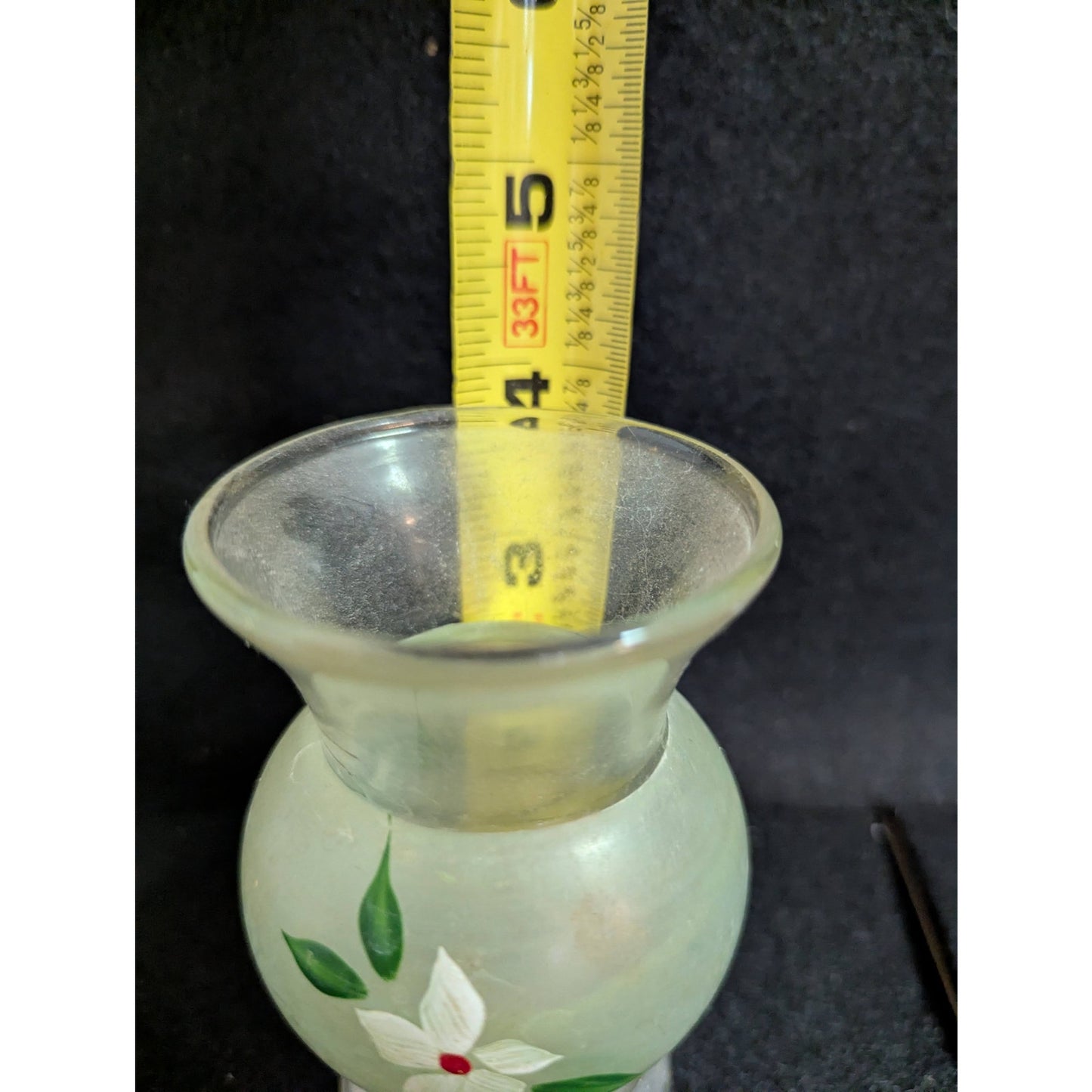 Vintage Frosted Green Hand-Painted Miniature Vases with Silver-Tone Bases - Pair