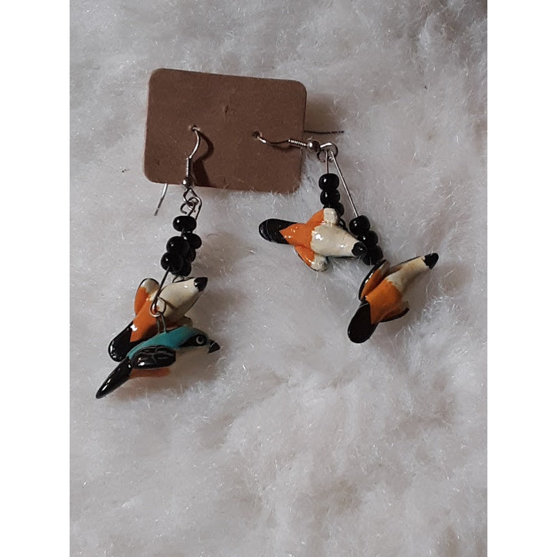 Artisan Orange Blue Bird HANDMADE Earrings Black Seed Beads Dangle French wire