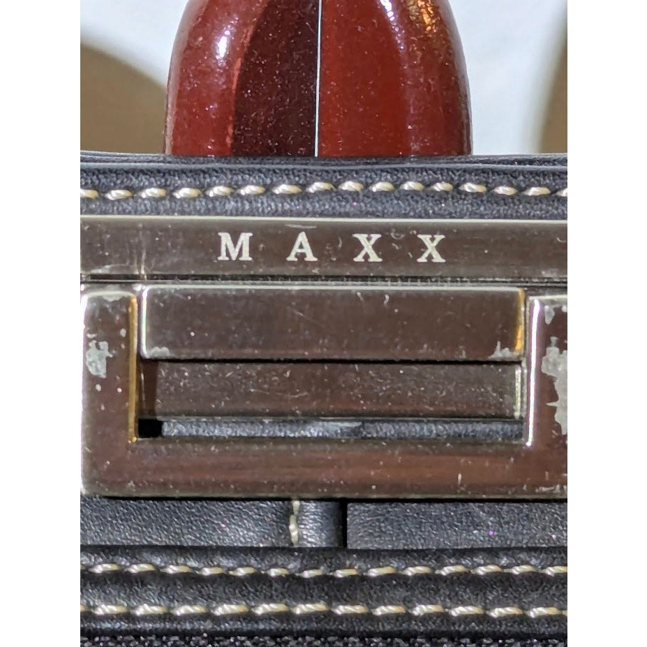 Vintage MAXX New York Black Leather Frame Clutch Purse Berry Satin Lining