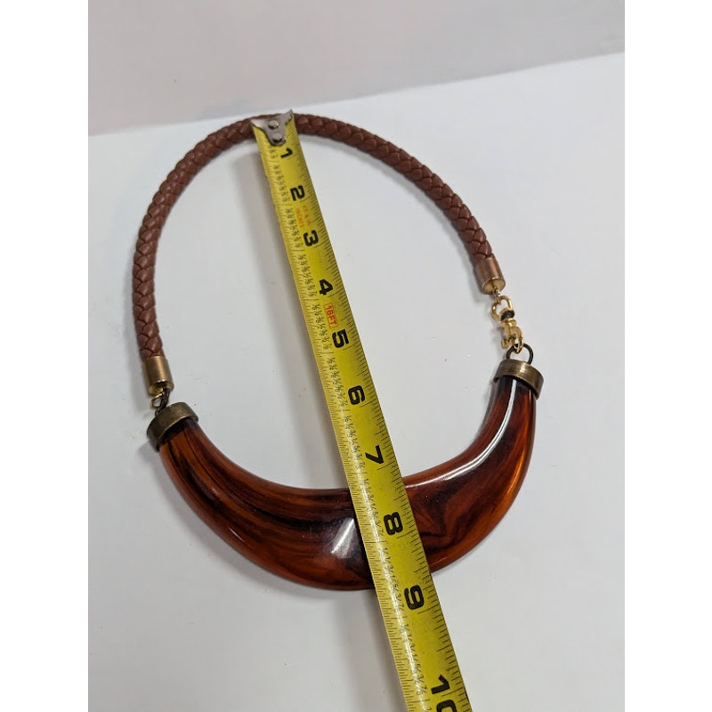 Vintage Statement Faux Tortoise Shell Crescent Choker Braided Leather Strap Y2K