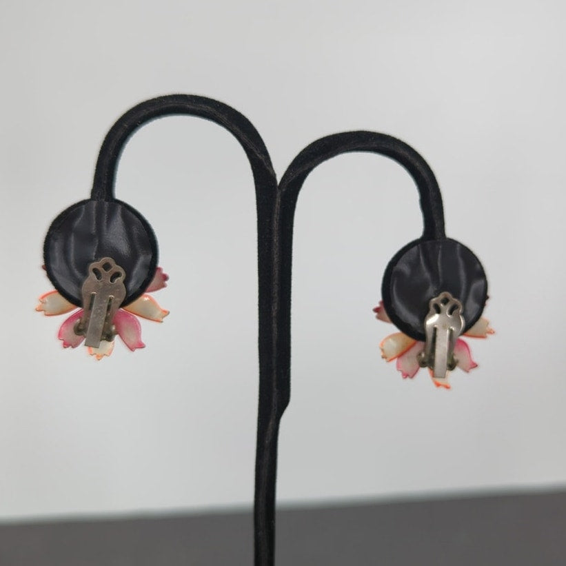 Vintage Orange & Persimmon Enameled Tiered Floral Clip On SunburstEarrings
