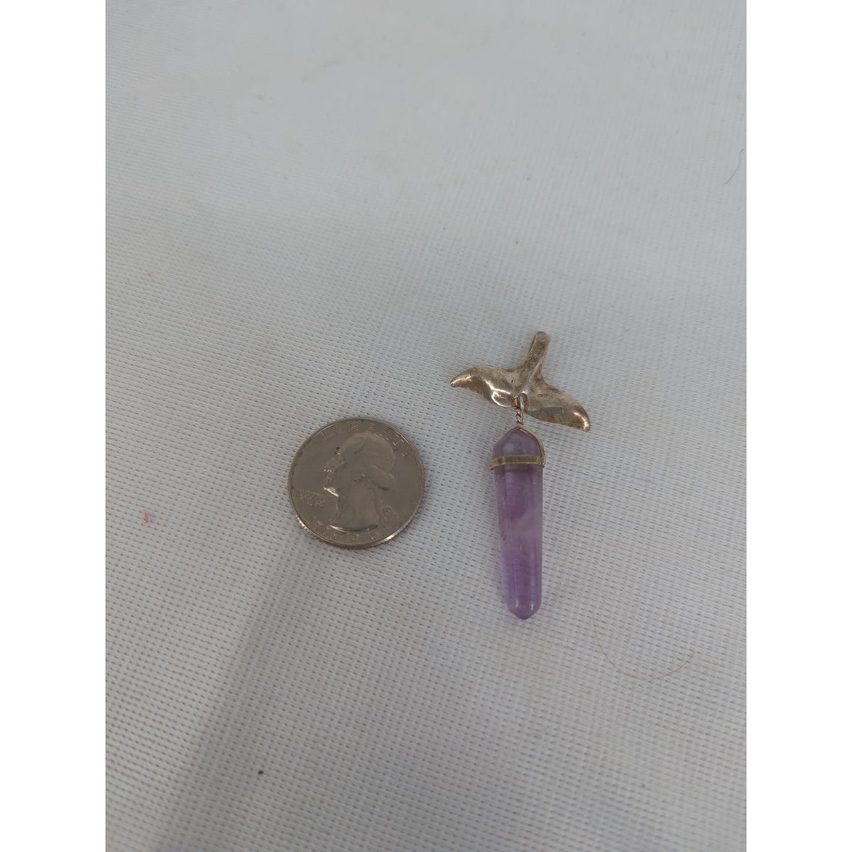 Handcrafted .925 Silver Tone Whale Fluke Pendant with Raw Amethyst Crystal Point