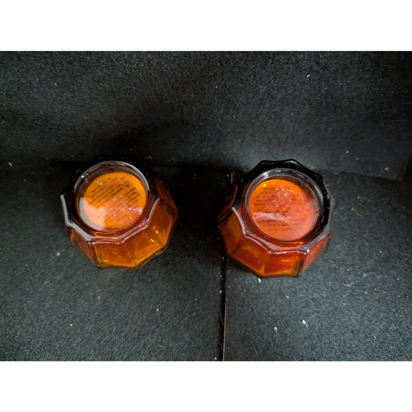 Vintage Amber Glass Votive Candle Holders with Orange Candles - Pair