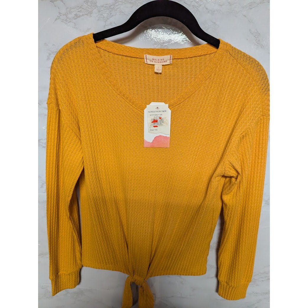 Walking Sunshine Size Large top shirt Mustard waffle knot long sleeve tie waist